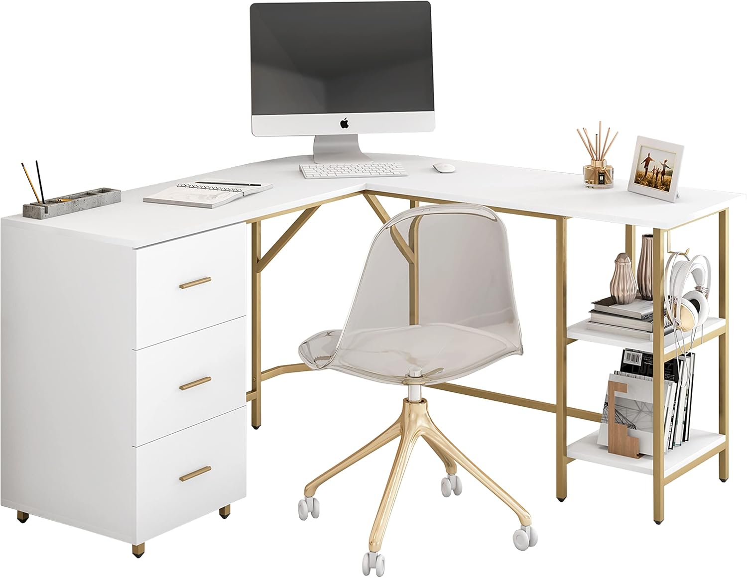 Home Office With Two Desks - L Shaped Desk - Two-Toned Computer
