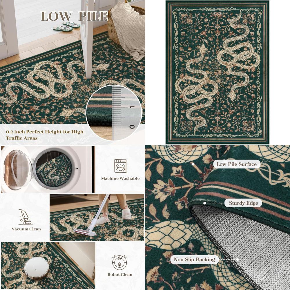 Home Office Rug - Green 5x7 Snake Pattern Washable Area