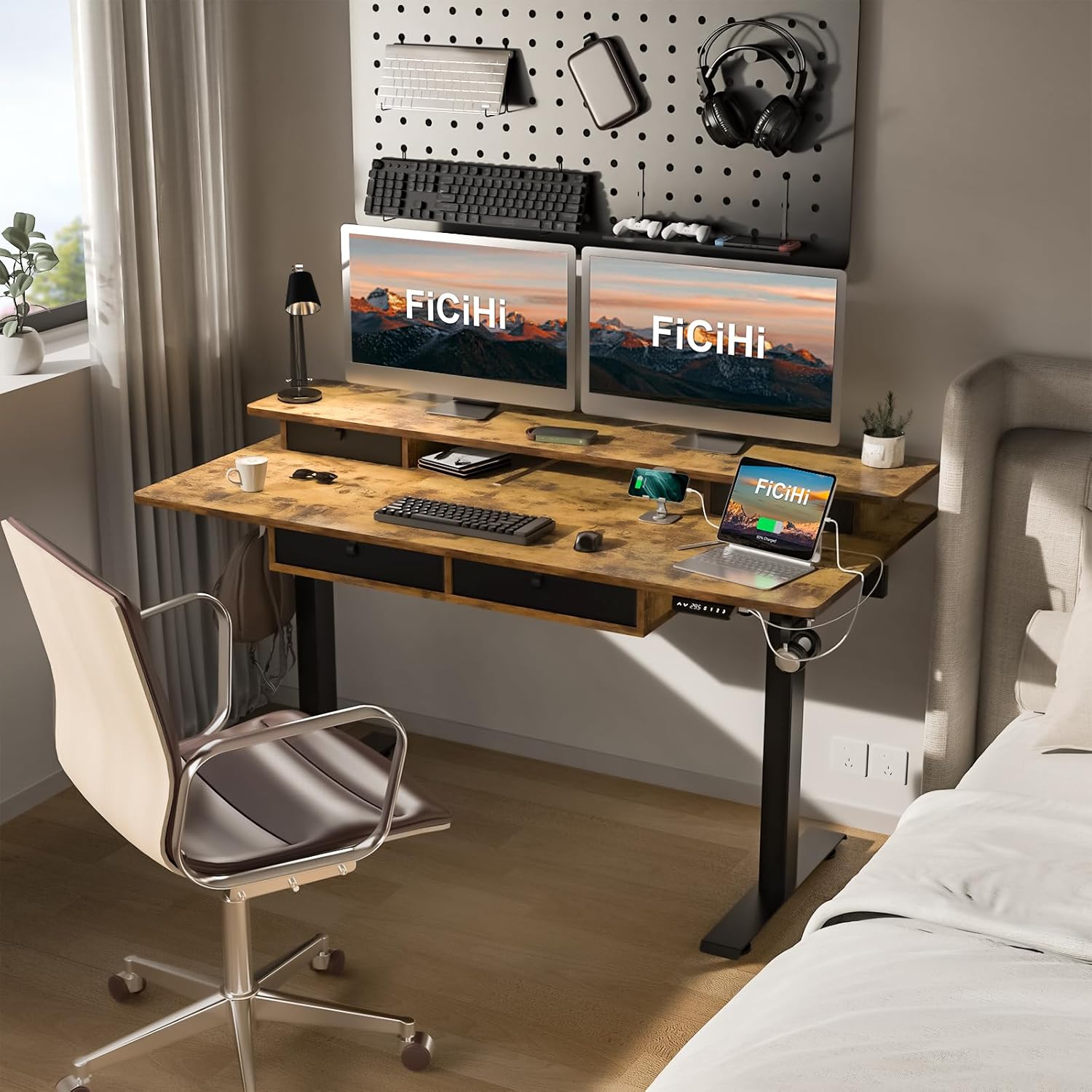 Height Adjustable Electric Des - Home Office With Two Desks avaliação e preço